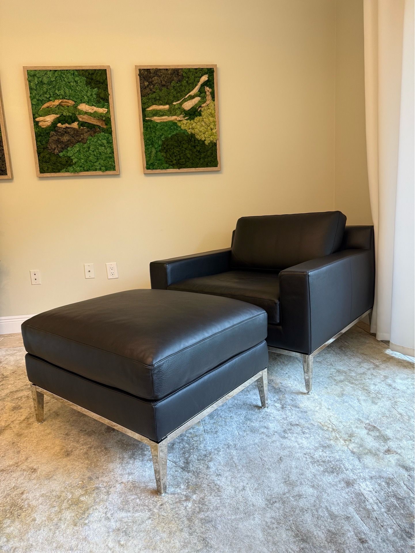 Restoration Hardware Oversized Black Leather Italia Track Arm Accent/ Lounge Chair with Ottoman. RH.