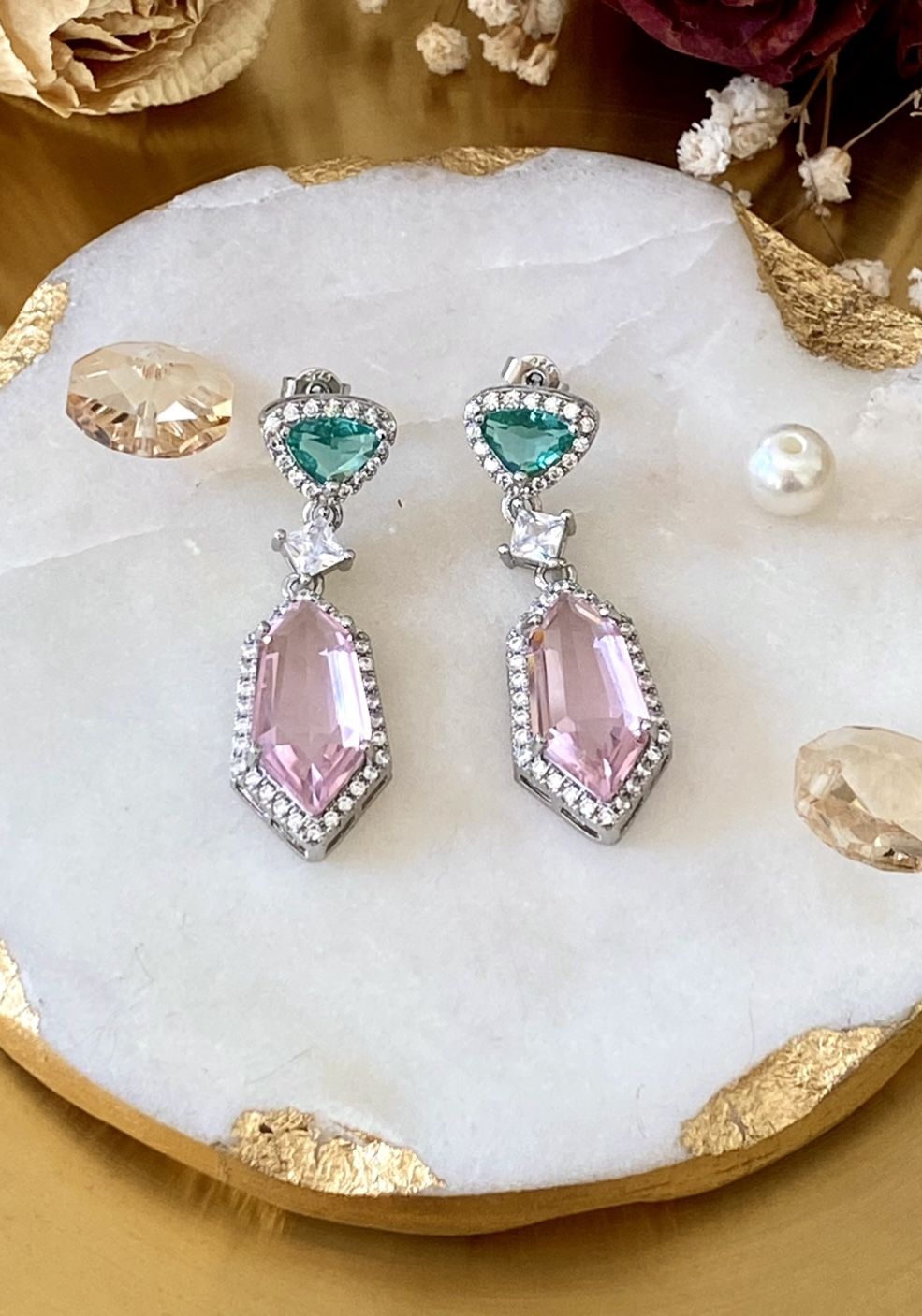 Pink and Green Cystal and Cubic Zirconia Stud Earrings