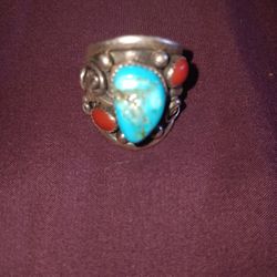 Turquoise And Coral Sterling Silver Ring 91/2