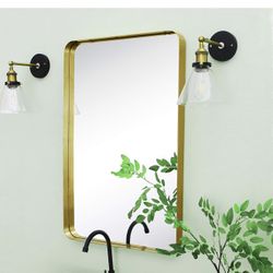 TEHOME 24x36 Brushed Gold Metal Framed Bathroom Mirror for Wall in Stainless Steel Rounded Rectangular Bathroom Vanity Mirrors Wall Mounted
