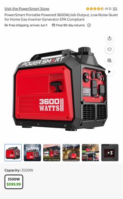 PowerSmart Portable Powered 3600W,Usb Output, Low Noise Quiet for Home Gas