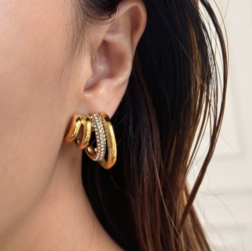 18K Gold Plated Stainless Steele Four Layer Clay Iced Out Zircon Earrings