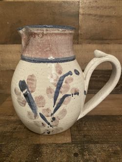 Studio Art Handcrafted Floral Pottery Pitcher - Signed by Artist 8 1/2 “