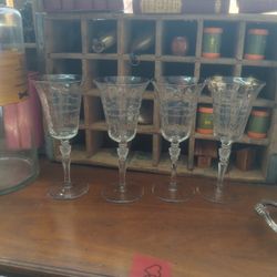 Antique Libby Rock Crystal Set Of Four Etched Elegant Glass Wine Glasses 
