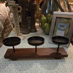 Wood Candle Holder With 3 Metal Pillar Arms