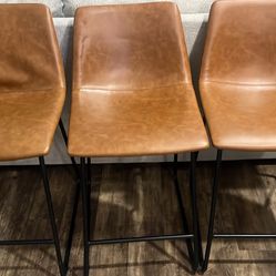 Sleek Brown Leather Bar Stools- Set Of 3