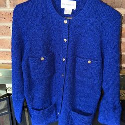 VINTAGE LADIES MEDIUM ROYAL BLUE TANNER CARDIGAN SWEATER