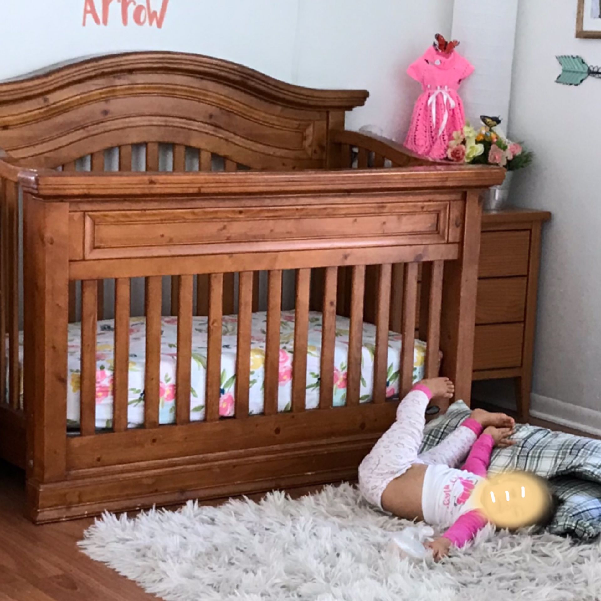 Baby crib, mattress, two ending table, changing table and a armoire