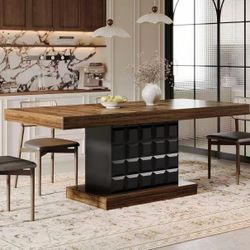 F2120 63'' Dining Table for 4-6, Farmhouse Wooden Rectangular Dinner Table with Geometric Relief, Pedestal Base (Brown and Black)