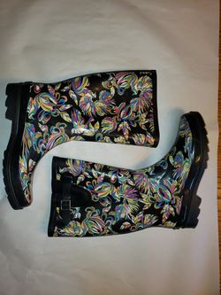 Ladies Paisley Black Rain Boots Size 10