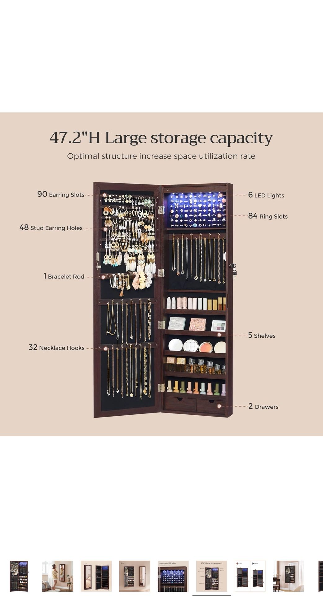 Lockable Jewelry Cabinet, Wall or Door Mounted, with Mirror and 6 LED Lights, for Organization, with 2 Drawers, 3.9 x 14.6 x 47.2 inches, Brown🔥🔥🔥