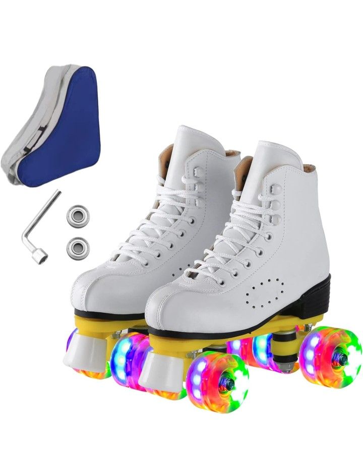 Roller Skates for Men and Women, Black Derby Roller Skates with 4 Shiny Wheel, Classic Double-Row Roller Skates