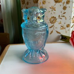 Vintage Imperial Glass Iridescent Ice Blue Owl Jar With Lid