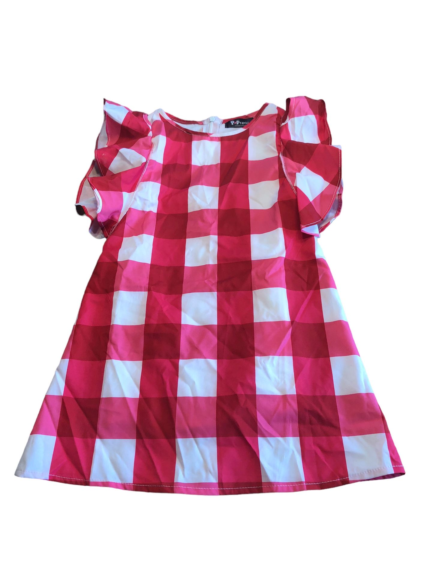 EUC 3-4T Red & Pink Large Gingham Plaid Pattern Shoulder Dress