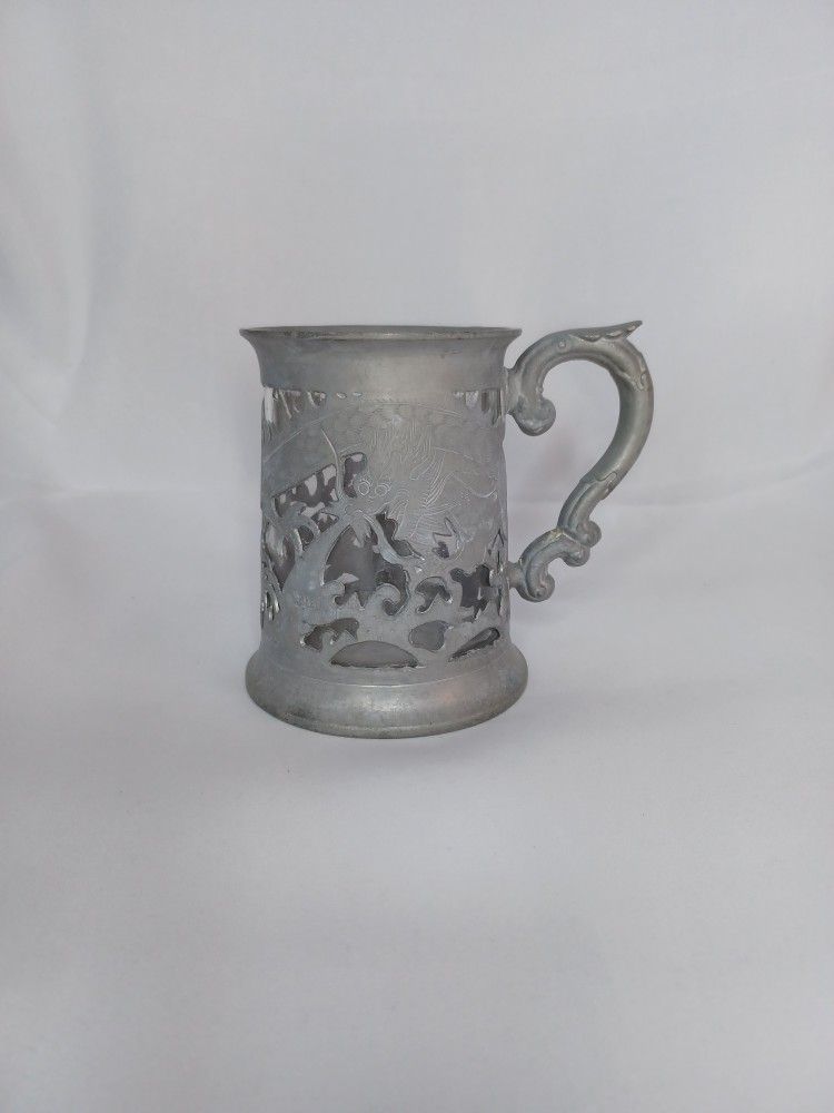 ANTIQUE SIGNED YIM KEE RETICUKATED DRAGON & AMP GLASS LINED PEWTER TANKARD MUG 4.75" TALL