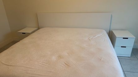 King Size White Bedroom Furniture Set - Bed, Mattress, Dresser, and 2 Nightstands
