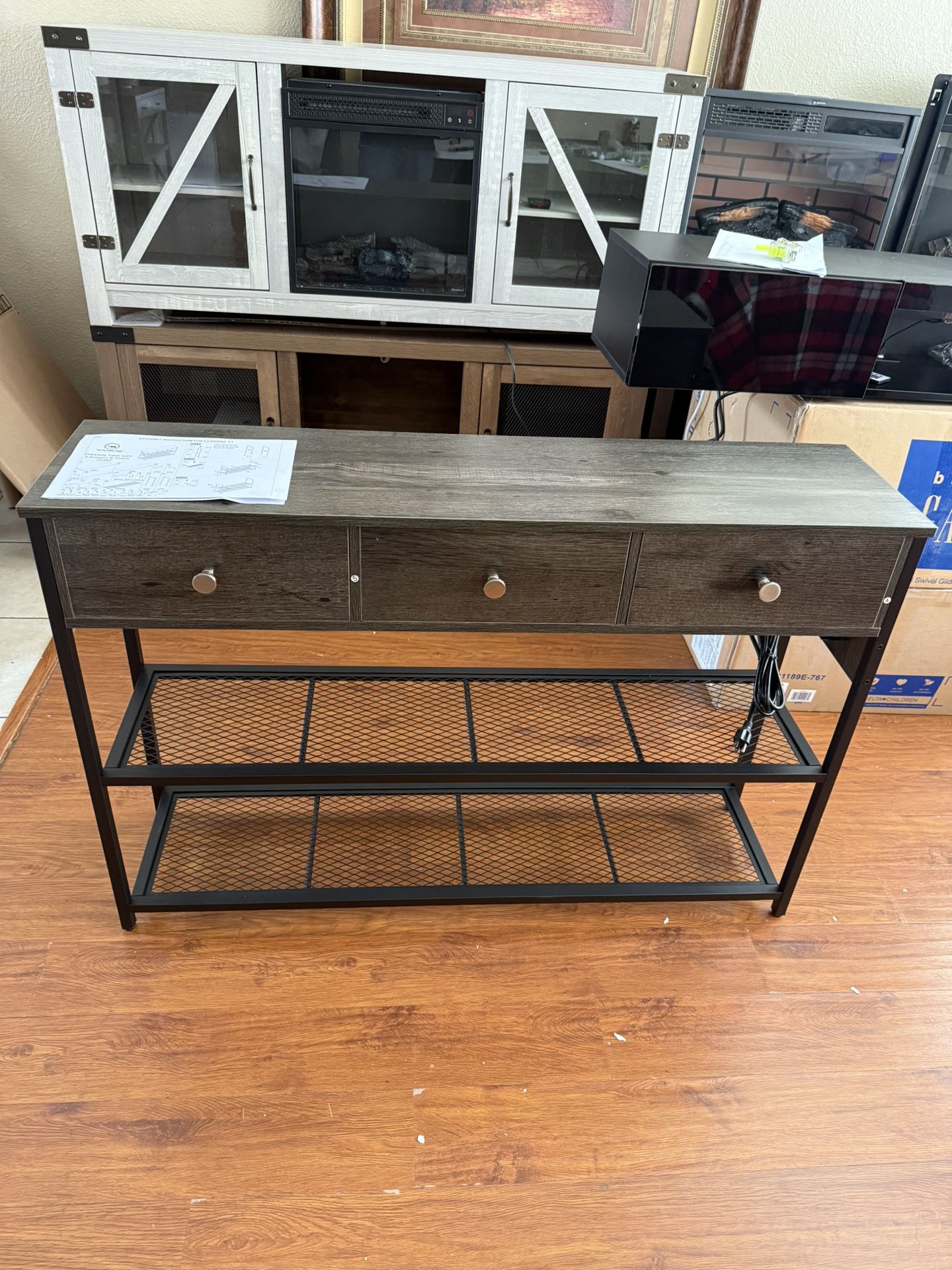 Consolé table 47” Entryway Table with Outlets and USB Ports, Console Table with 3 Drawers, Sofa Table Narrow Long with Storage Shelves for Living Room