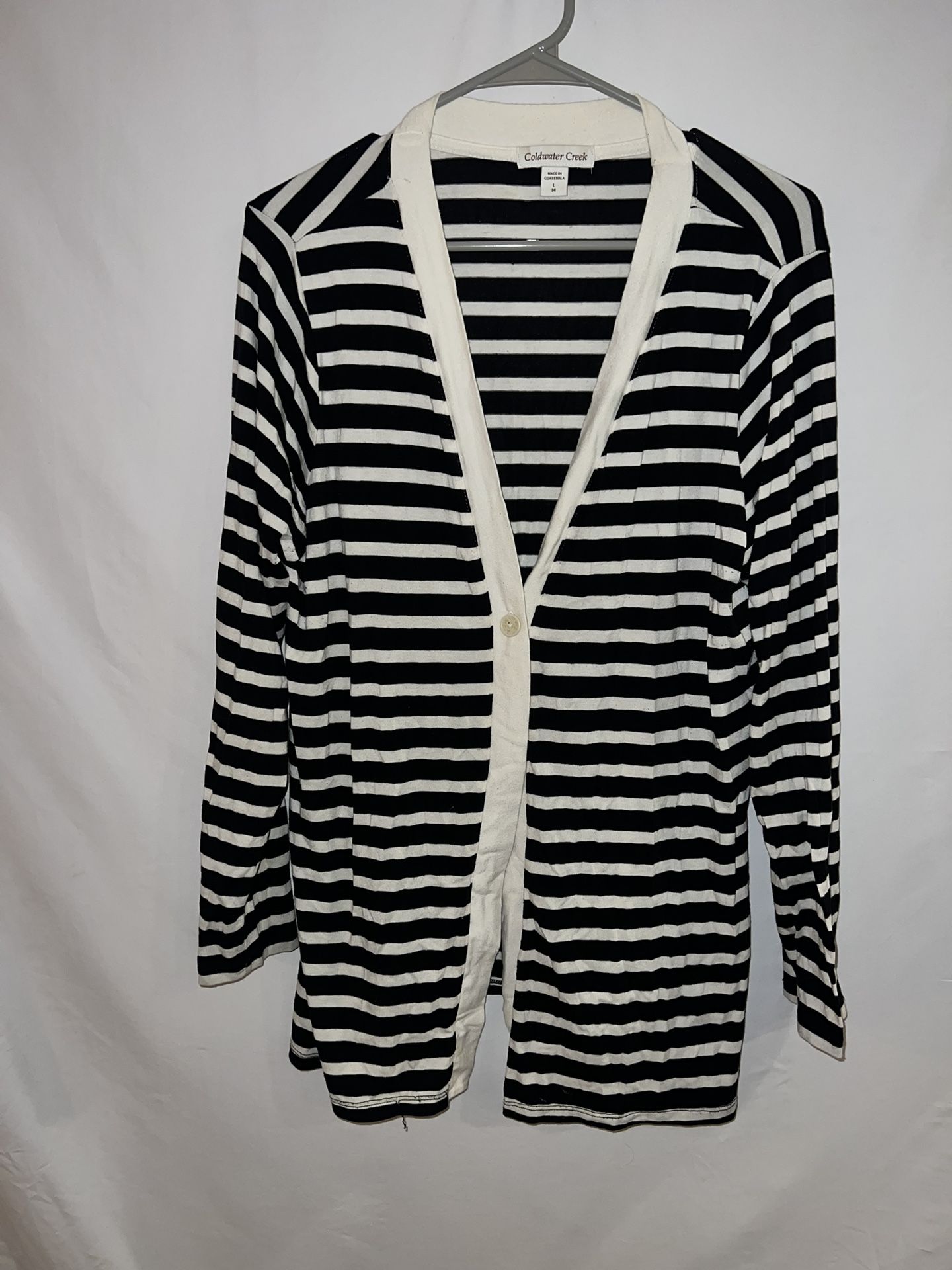 Ladies Womens Large Coldwater Creek Black & White striped one button cardigan