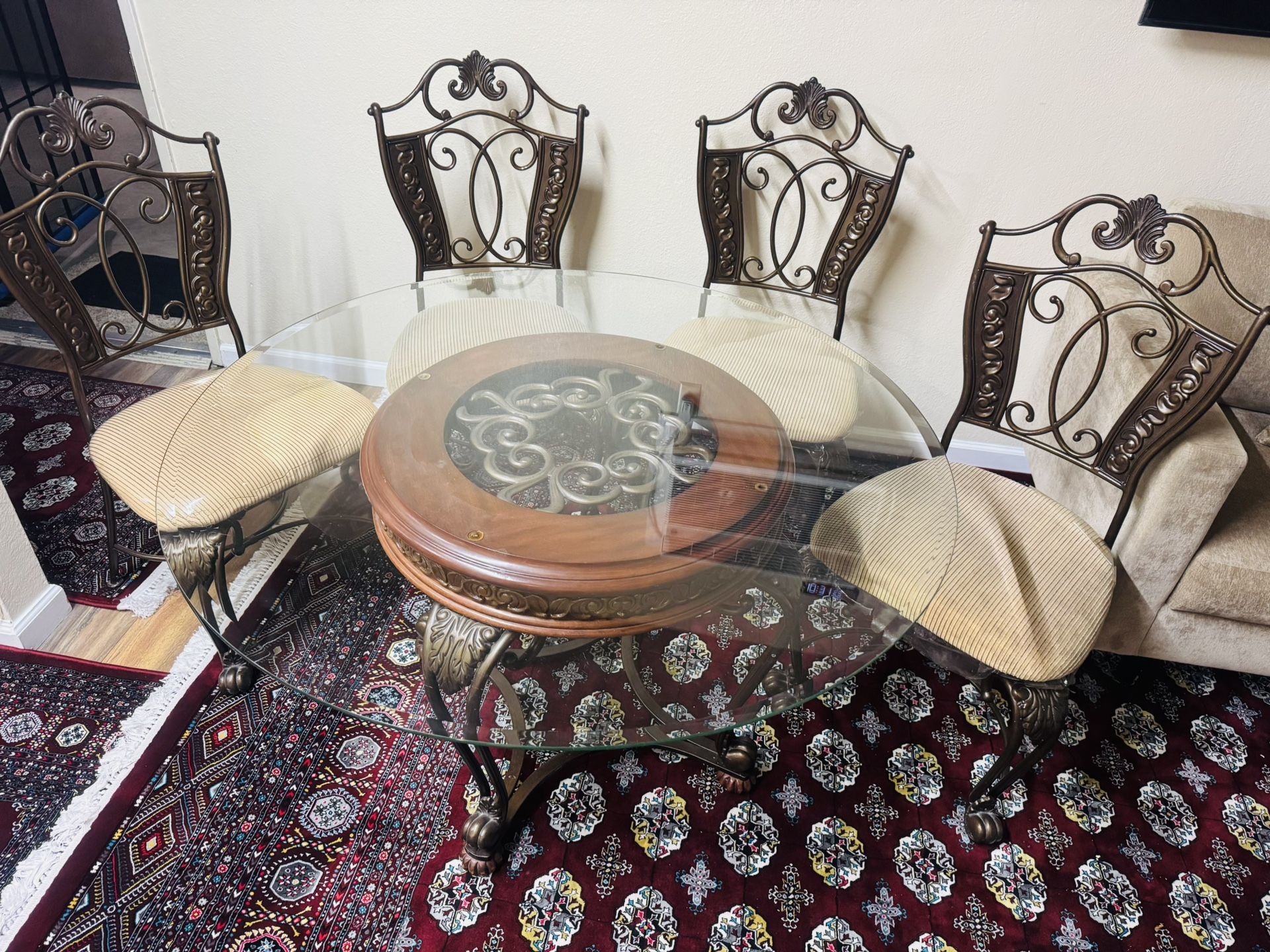 Metal Glass Dining Round Table + 4 Chairs 