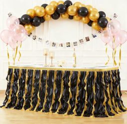 Wish Care 14ft Black Gold Sequin Tutu Table Skirt for Rectangle Tables Glitter Curly Willow Table Skirting Ruffle Table Cloth Desk Skirts for 50th Bir