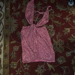 Hello Molly Pink Sequence Dress With Low V Neck Tie Up Halter Design 