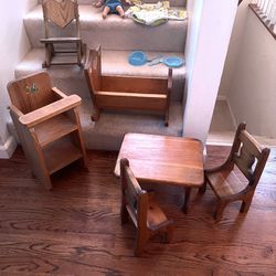 Adorable Lot Of Doll Furniture & Play Items. Table & Chairs, High Chair, Rocking Bed & Chair, Carrier, Potty & More! ($55 For All)