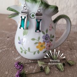 Sterling Silver 925 Earrings Rectangular Shape Green Crystal Stud