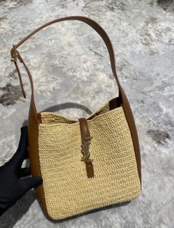 YSL Panier Medium Raffia Shoulder Bag with Brown Leather Trim – Summer Tote / Bucket Style Bag
