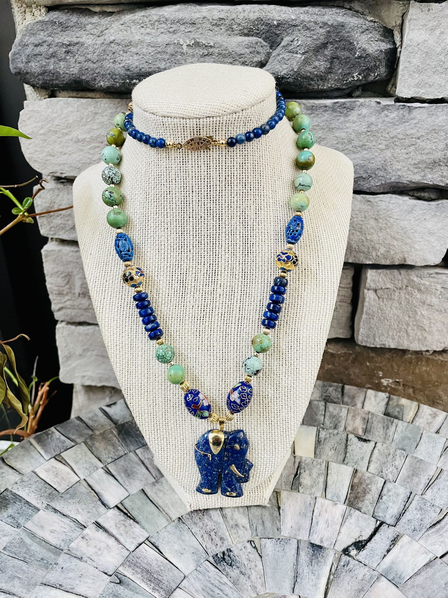 Turquoise And Lapis Lazuli Elephant Pendant Necklace