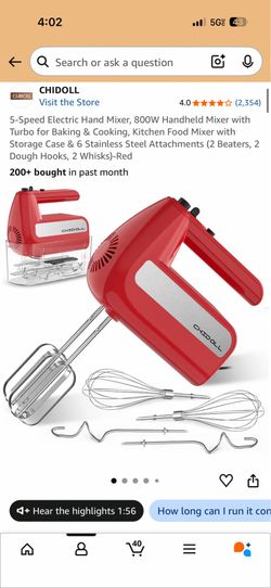 CHIDOLL 5-Speed 800W Electric Hand Mixer – Red