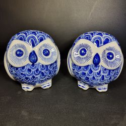 2pcs Blue White Owl Hand-painted Ceramic Figurine