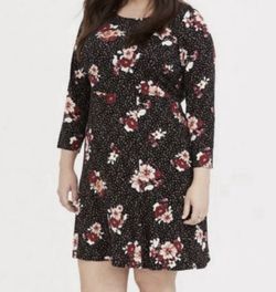 Torrid Womens Black Pink Floral Stretch Challis 3/4 Sleeve Shift Dress shirt 2X