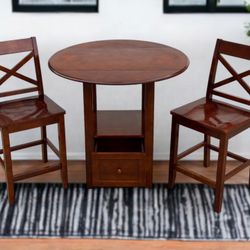 Brown Solid Wood Counter Height Round Foldable Table & 2 Chairs Set