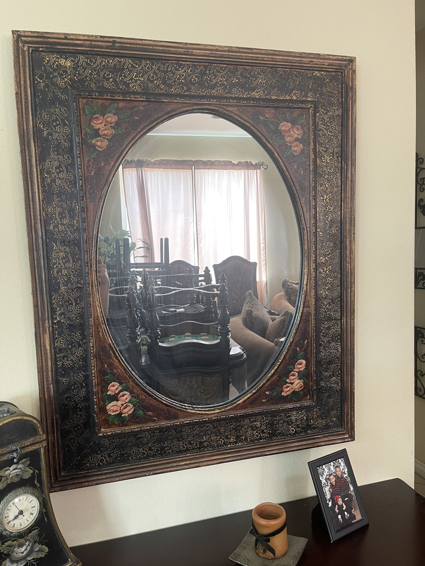 Antique Floral Dark Wood Mirror