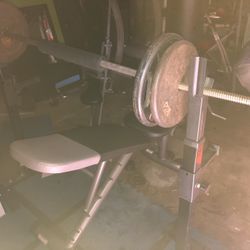 Weielder Bench Press With Leg Extension. Bicep Curl Unit.  100 Pounds Of Weights And Bench Press Bar 