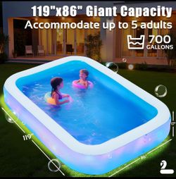 New DanRelax 119"x84"x17" Kids Inflatable Pool W/ LED Lights & Electric Air Pump
