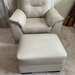 Ashley Furniture Tensas Cream Leather Chair +  Fontenot Cream Leather Ottoman