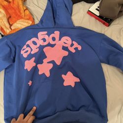 Sp5der Blue Hoodie Pink Stars