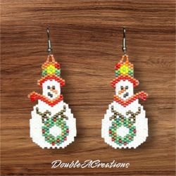 Snowman Holding A Christmas Wreath Beaded Earrings, New, Handmade By Me
