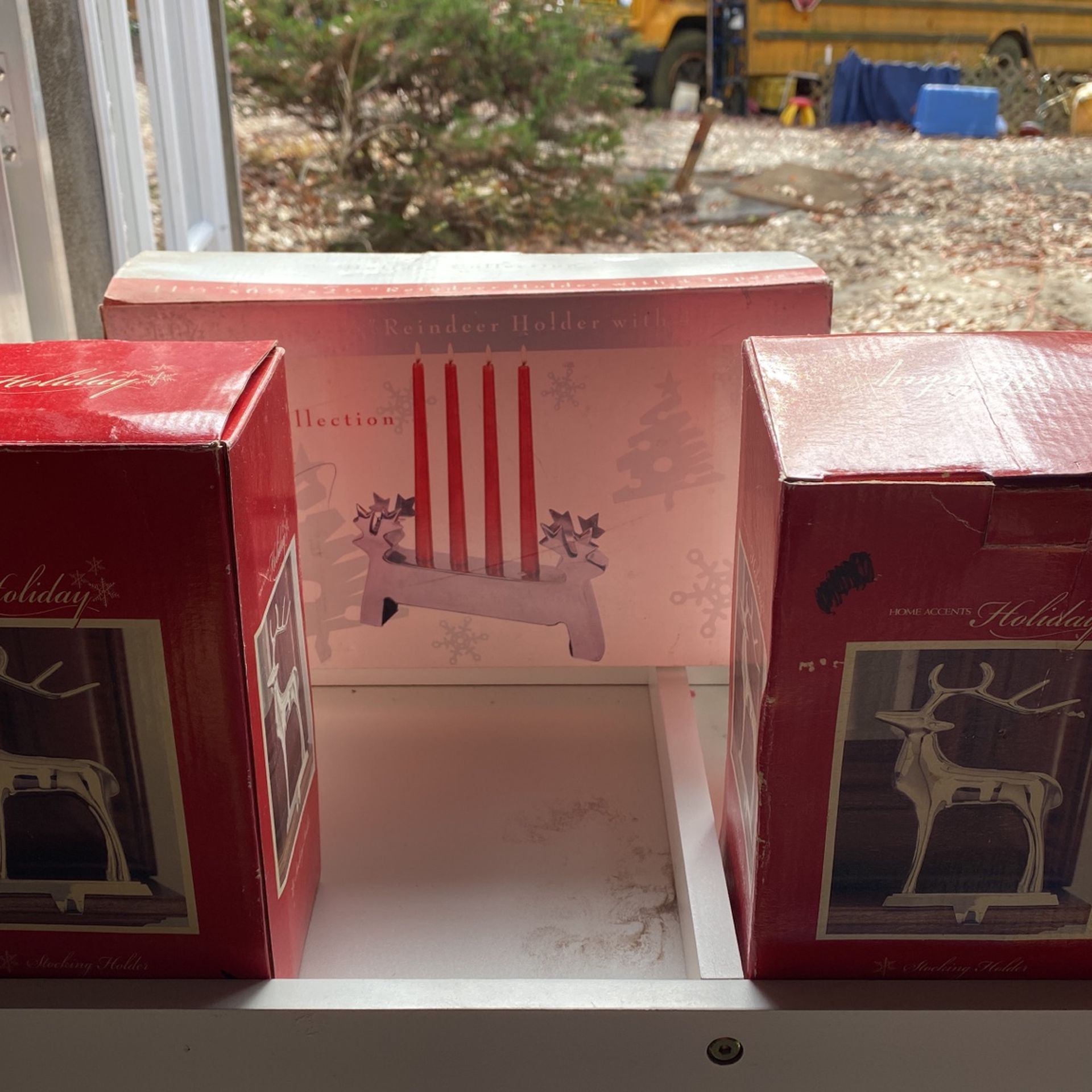 Set Of 3 Deers 2 Stocking Holders Other One Candle Holders