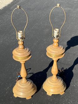 2 Vintage Turned Wood Lamps wth Gold Metal Detailing 27” Tall
