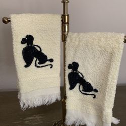 Vintage 1950’s Mid Century Cannon Embroidered Yellow Poodle Hand Towels (2) USA 