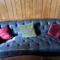 3 Piece Blue Tufted Leather Couch w/ 2 Chairs