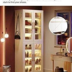 New White Bookcase with Doors LED Light, 67” Tall Bookshelf 8-Tier Adjustable Shelves Hanging Hooks