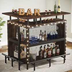 L-Shaped Home Bar Unit, Liquor Bar Table with Glasses Holders & Shelves