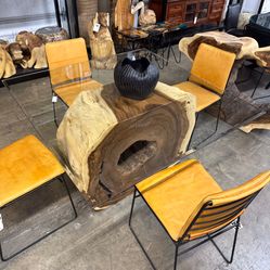 Monkey Pod Tree Trunk Dining Table w/ Square Glass Top 