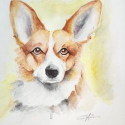 Watercolor  Corgi Dog Portrait 12x18"