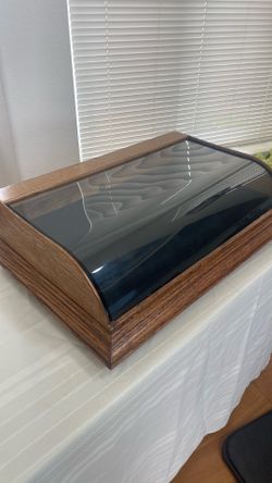 Antique  Custom Built Curved Glass Counter Top Oak Wood Display Case / Cabinet. 7"H X 27"W X 17”D with lock and key