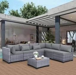 New in Box Assemble Need 7 Pcs Outdoor Patio Furniture Set w/ Glass Table Stools Wicker Rattan