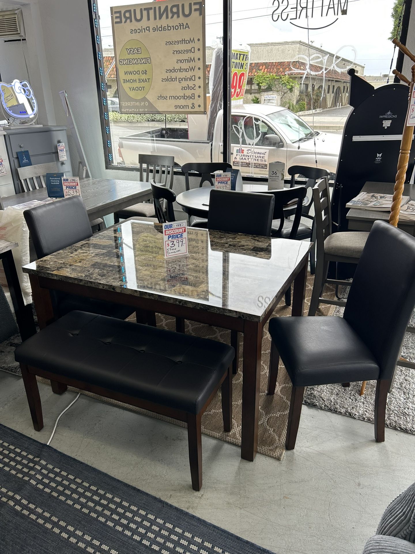 5 Piece Dining Set Faux Marble Top 48” X 36” X 30” High
